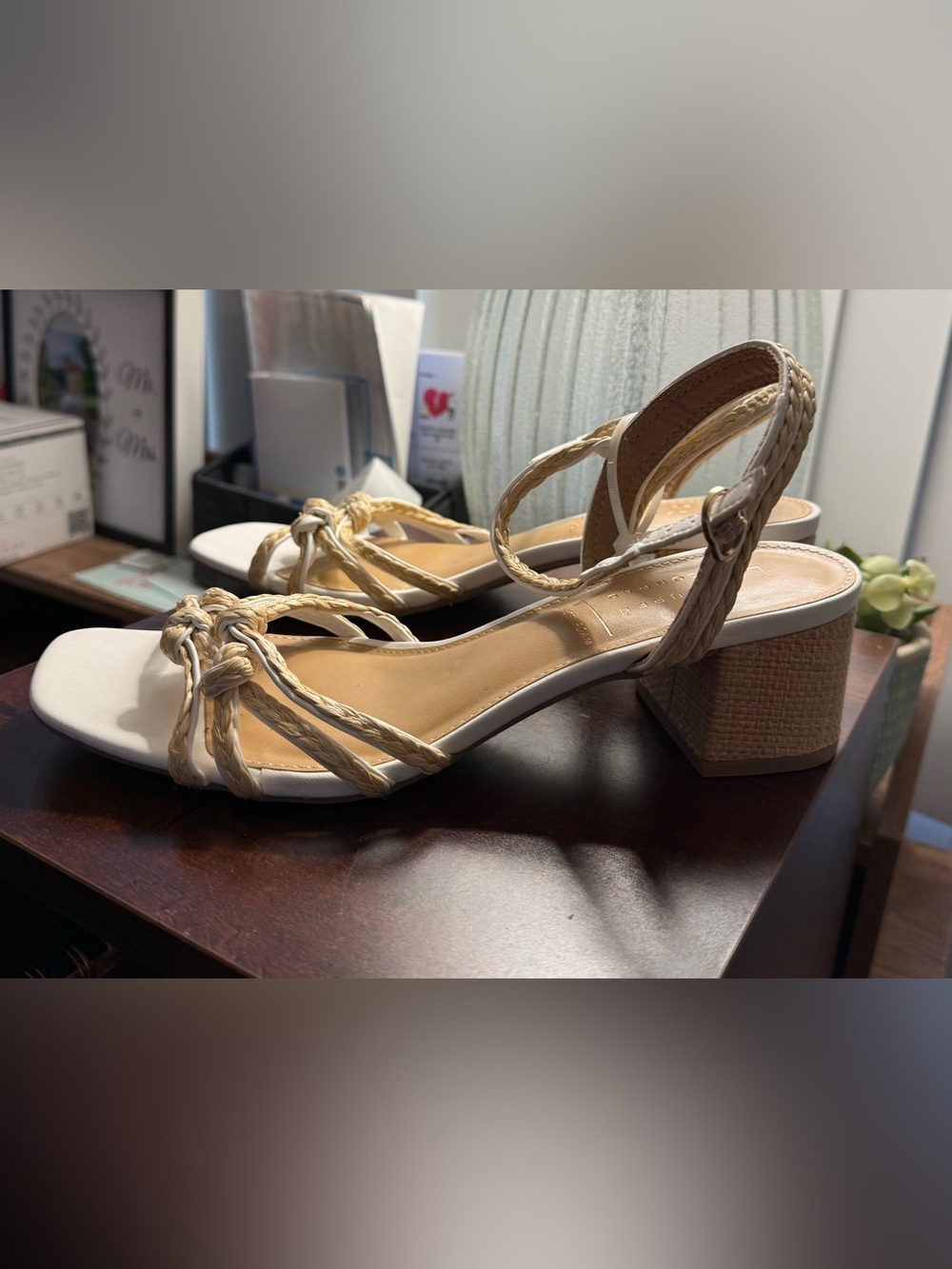 Braided Strap Block Heel Sandals - Cream/Tan